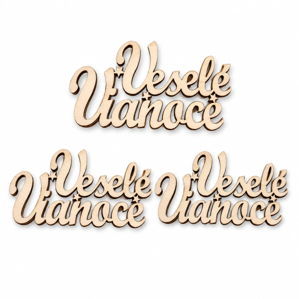 Drevený vianočný nápis – "Veselé Vianoce" (12 × 6,5 cm, 3 ks v balení)