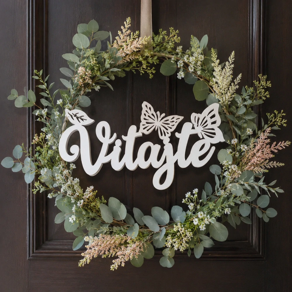 Drevený dekoračný nápis – "Vitajte" s motýľmi (14,5 × 6 cm, 2 ks v balení) – Biely