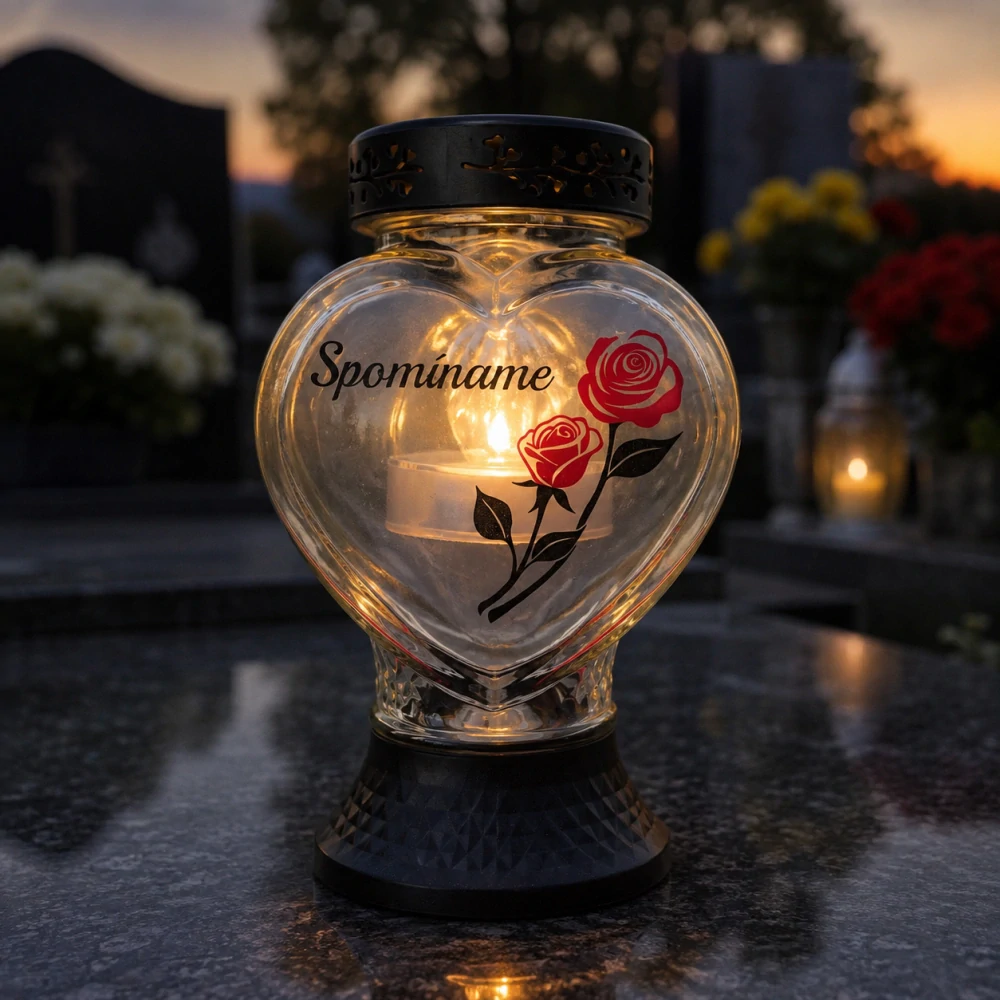 Solárny sklenený kahanec Srdce – "Spomíname" s ružami (22 cm)