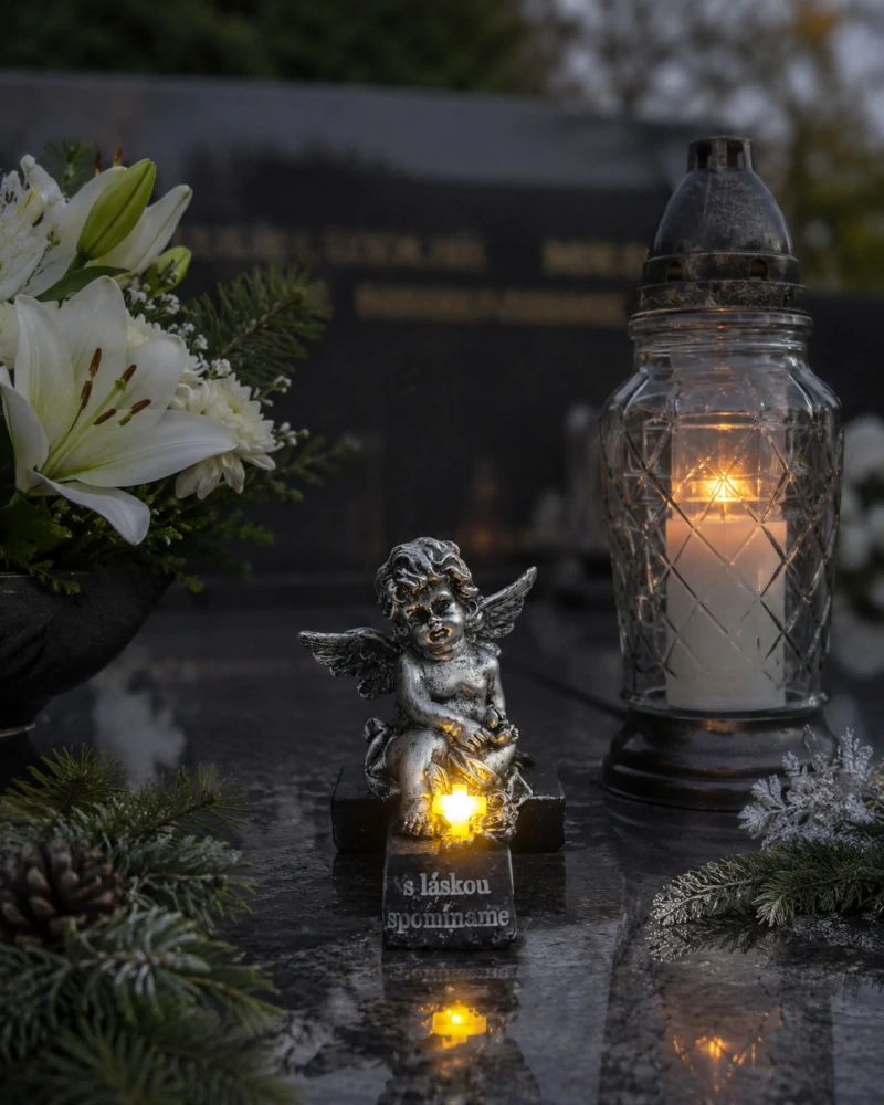 Pietna soška anjel na kríži so LED svietiacim krížikom „S láskou spomíname“ (11 cm)