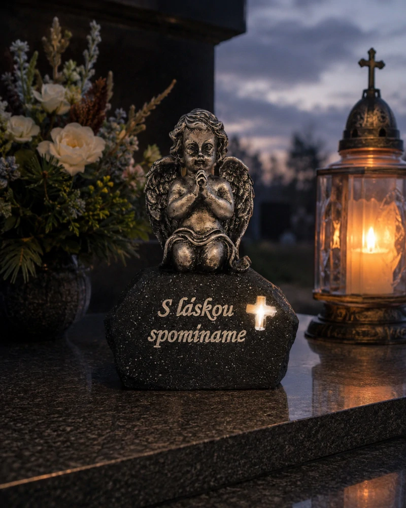 Pietna solárna dekorácia anjel na kameni so svietiacim krížikom „S láskou spomíname“ (17,5 cm)