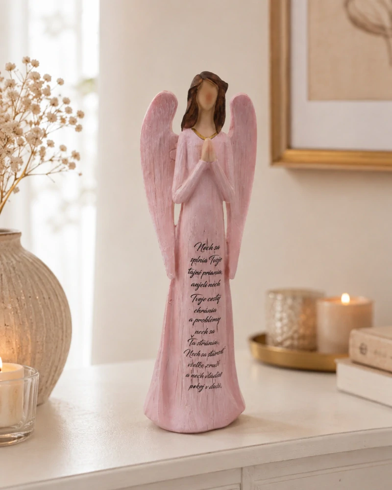 Dekoračný anjel so slovenským venovaním – ružový (28,5 cm)