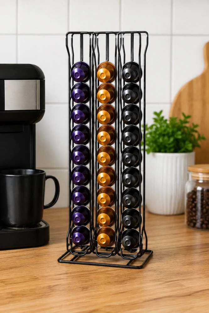 Kovový stojan na kávové kapsule Nespresso na 60 ks, čierny – 37 × 13,5 cm