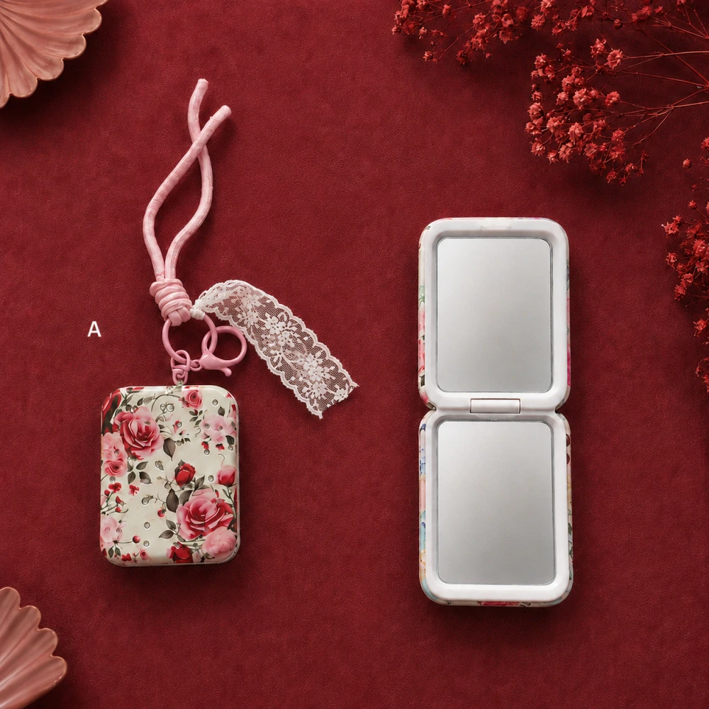 Kvetinové vreckové zrkadielko do kabelky s kamienkami a čipkou (obojstranné) – 8,5 × 6 cm