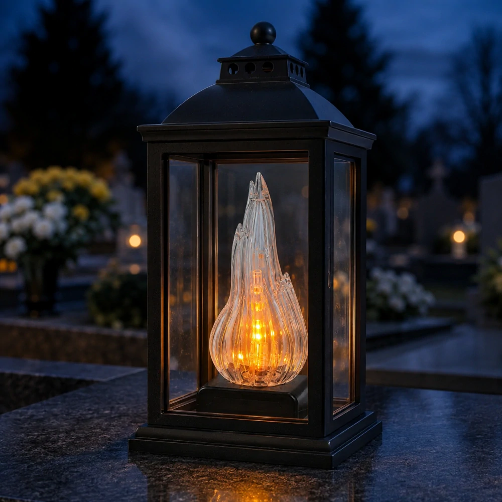 LED náhrobná sviečka do kahanca na hrob Plameň s podstavcom – Teplé svetlo 15,5 cm