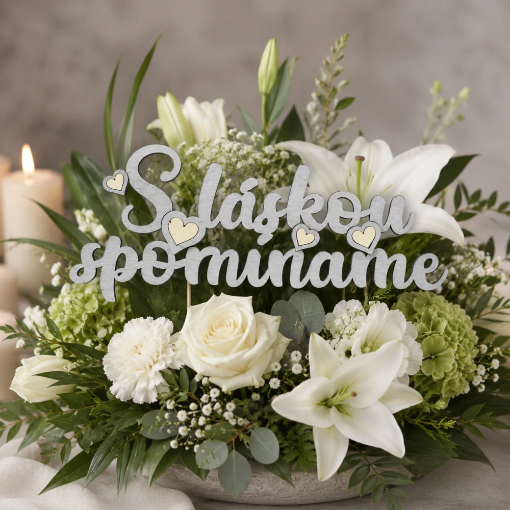 Drevený spomienkový nápis – "S láskou spomíname" (19 × 7,5 cm, mix farieb)