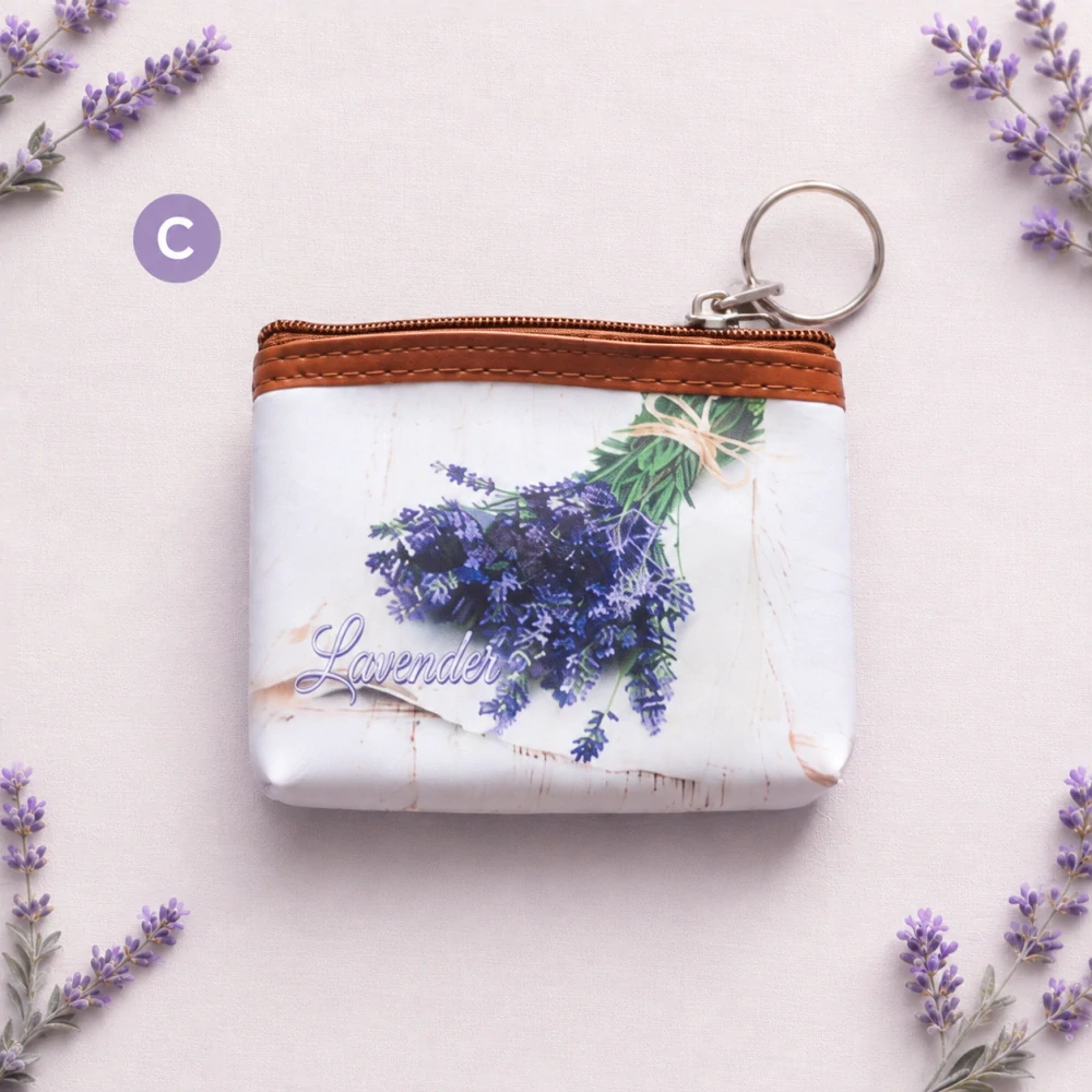 Dámska malá peňaženka / kľúčenka na zips s motívom levandule – 12 × 9 × 1,5 cm