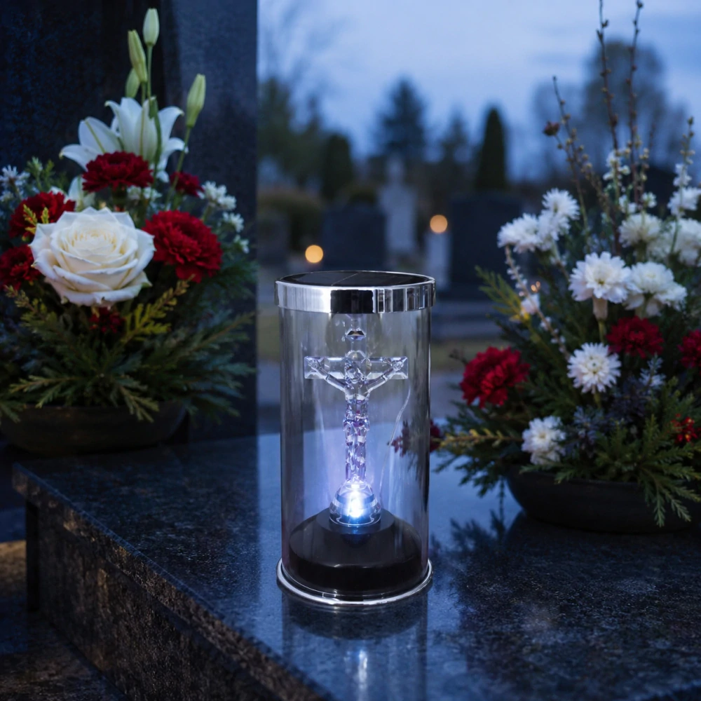 Solárny LED kahanec na hrob s krížom Ježiša Krista – Strieborný 15,5 cm
