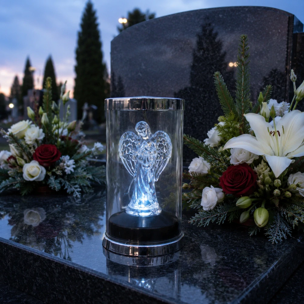 Solárny LED kahanec na hrob s anjelom – Strieborný 15,5 cm