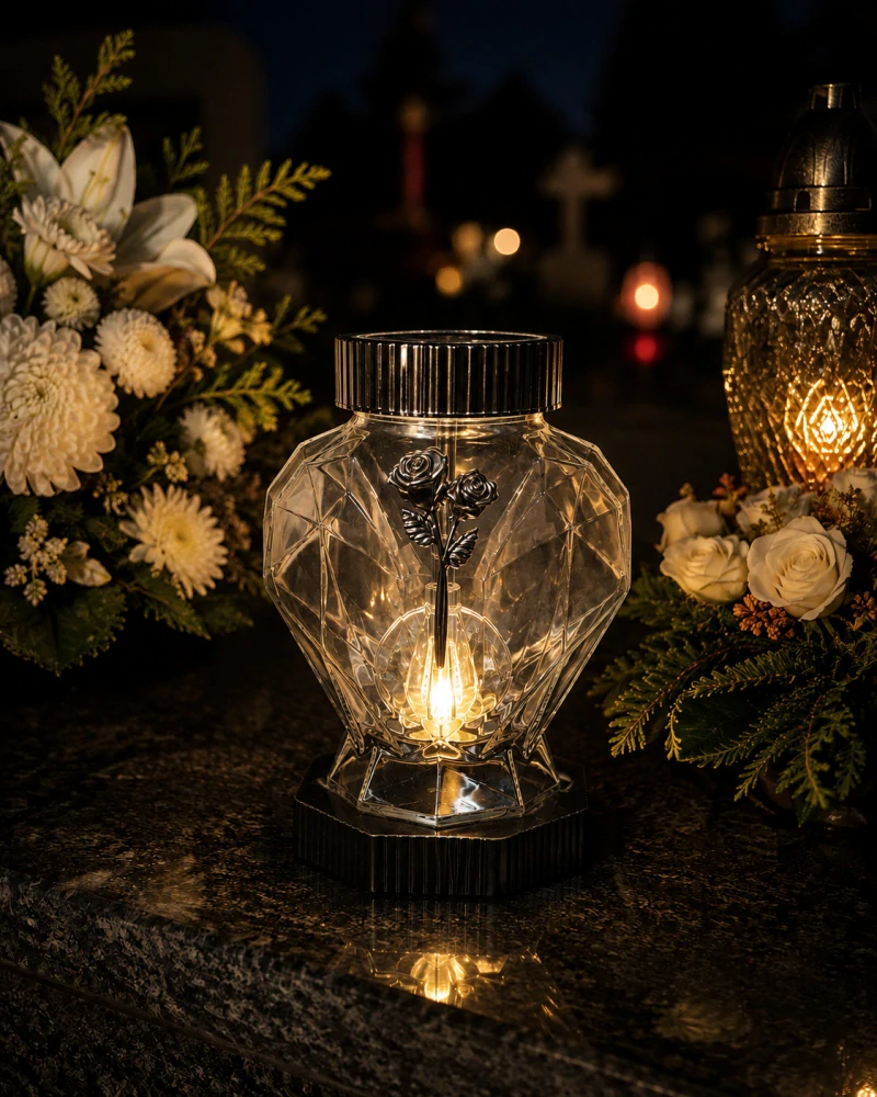 Solárny náhrobný lampáš s ružou Cortina – 21,5 cm