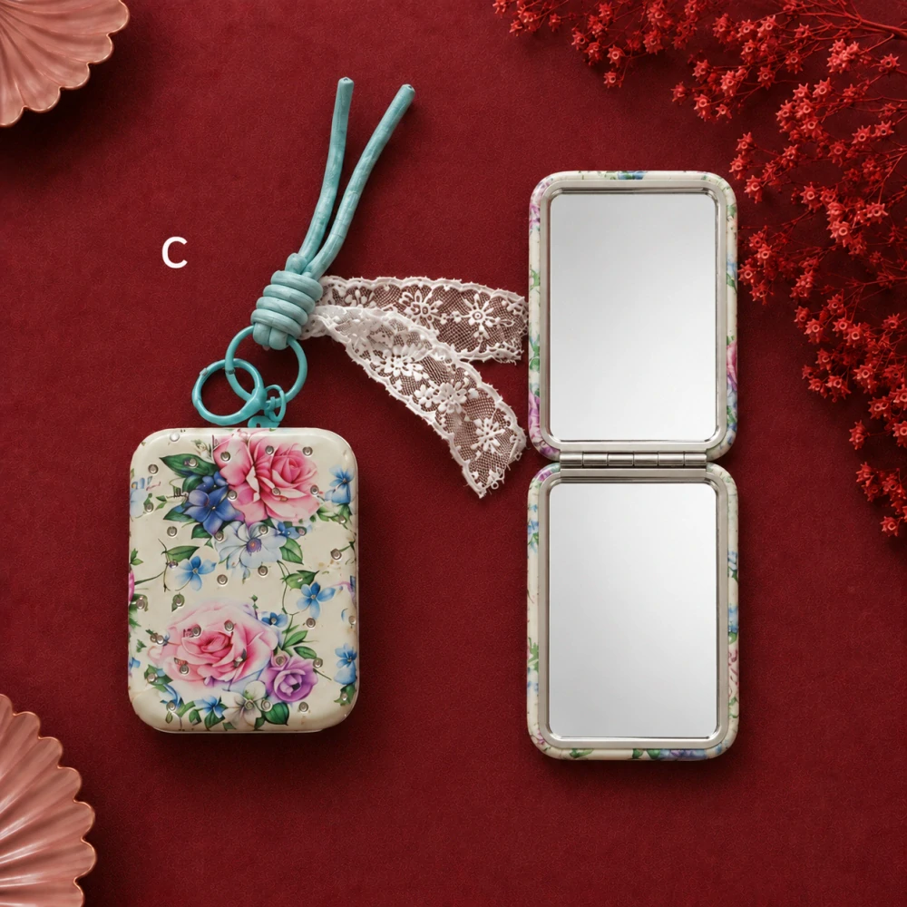 Kvetinové vreckové zrkadielko do kabelky s kamienkami a čipkou (obojstranné) – 8,5 × 6 cm