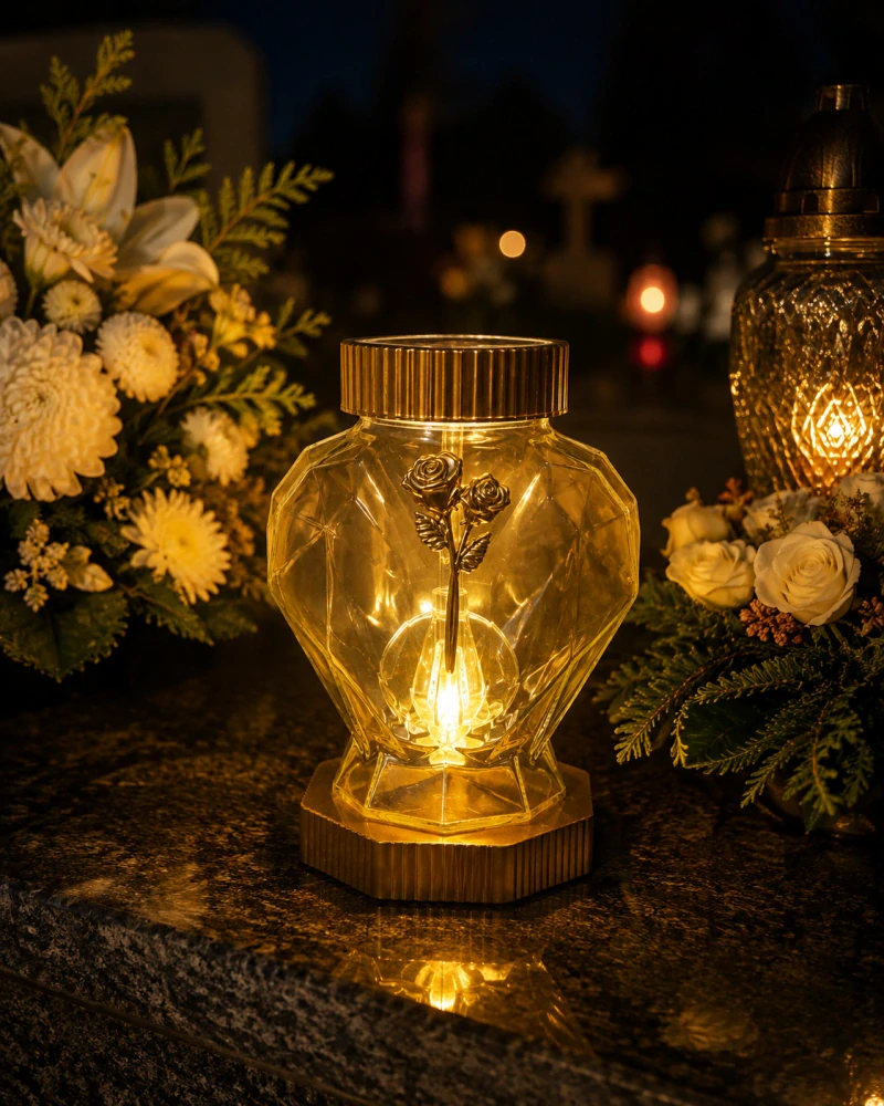Solárny náhrobný lampáš s ružou Cortina – 21,5 cm