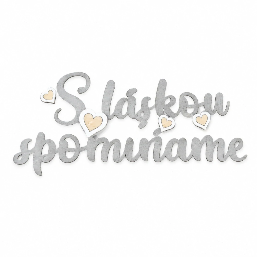 Drevený spomienkový nápis – "S láskou spomíname" (19 × 7,5 cm, mix farieb)