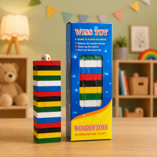 Drevená spoločenská hra Padajúca veža Wiss Toy (Jenga) farebná s kockou – 16 x 5 cm