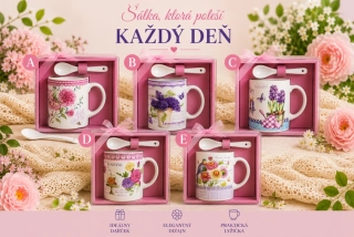 Darčeková keramická šálka s lyžičkou v boxe – rôzne motívy