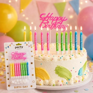 Sada farebných sviečok (8 cm) so zápichom Happy Birthday (9x6 cm) – 10 ks