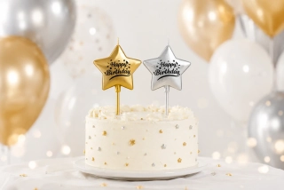 Metalická narodeninová sviečka Hviezda Happy Birthday – 12 cm (zlatá / strieborná)
