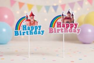 Svietiaca narodeninová zápich dekorácia na tortu Hrad s dúhou „Happy Birthday“ – 22 x 13 cm
