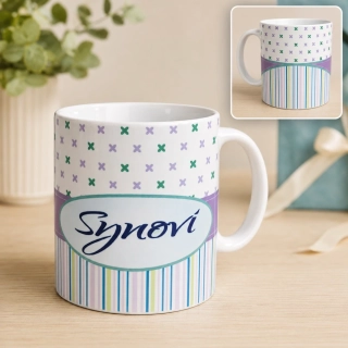 Keramický hrnček s venovaním „Synovi“ – Farebný krížikový a pásikavý motív, 350 ml