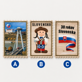 Drevená magnetka v tvare poštovej známky „Slovensko“ – Tradičné motívy, 8,5 x 6,5 cm