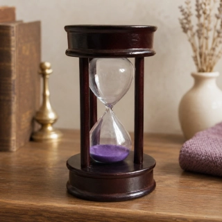 Drevené presýpacie hodiny s fialovým pieskom – Elegantná retro dekorácia, 11 x 6 cm