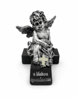 Náhrobná soška anjel na kríži s LED svietiacim krížikom „S láskou spomíname“ (11 cm)