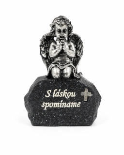 Náhrobná solárna dekorácia anjel na kameni so svietiacim krížikom „S láskou spomíname“ (17,5 cm)