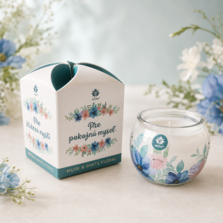 Vonná sviečka v skle Arôme „Pre pokojnú myseľ / Pro klidnou mysl“ – Pižmo a biele kvety (Musk & White Floral) 90 g