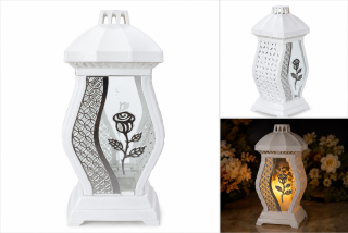 Plastový lampáš so sklom a motívom ruže, biely – 34 cm
