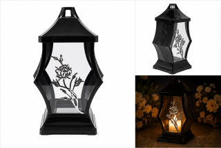 Hrobový plastový lampáš so sklom, čierny s chrómovou ružou – 30 cm