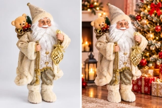 Vianočná figúrka stojaci Mikuláš v zlatej róbe s medvedíkom, 50 cm