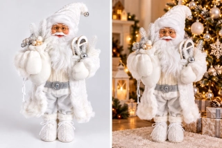 Vianočná figúrka biely Mikuláš so snežnicami a vreckom, 50 cm