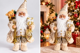 Vianočná dekorácia stojaci Mikuláš v krémovo-zlatom obleku, 35 cm